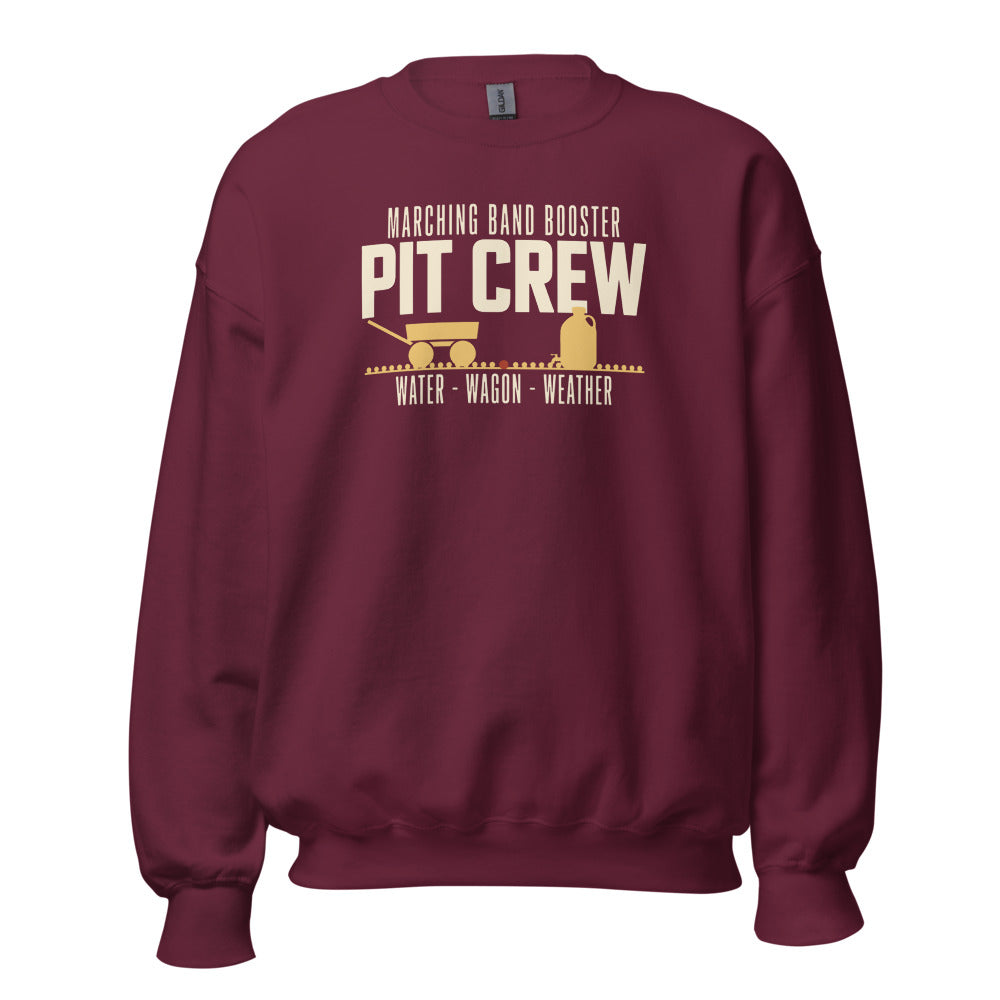 Pit Crew marching band booster crewneck sweatshirt — Maroon, front