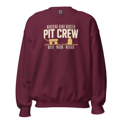 Pit Crew marching band booster crewneck sweatshirt — Maroon, front