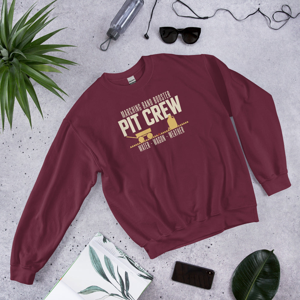 Pit Crew marching band booster crewneck sweatshirt — Maroon, flat lay