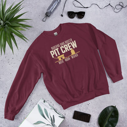 Pit Crew marching band booster crewneck sweatshirt — Maroon, flat lay