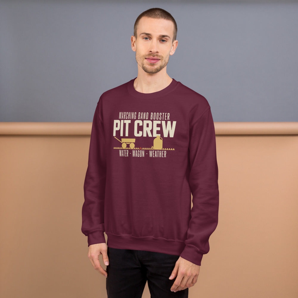 Pit Crew marching band booster crewneck sweatshirt — Maroon, on model