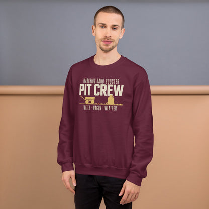 Pit Crew marching band booster crewneck sweatshirt — Maroon, on model