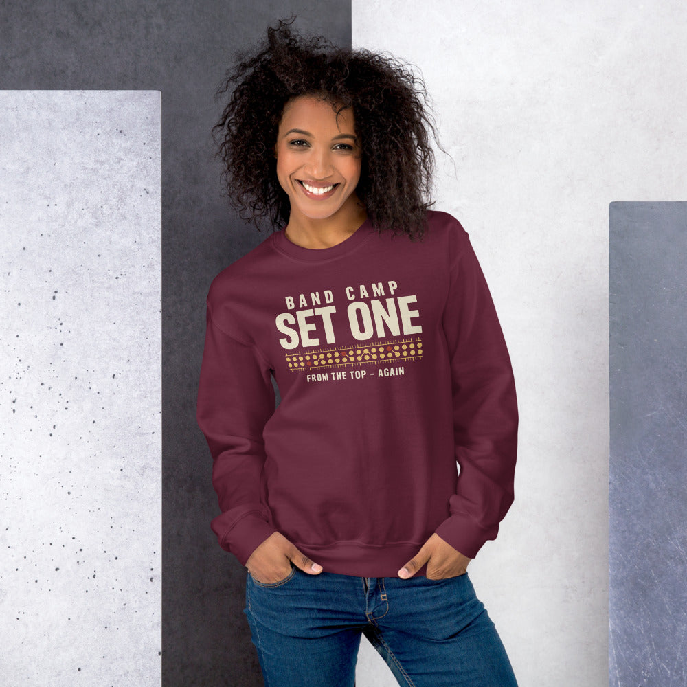 Set One marching band drill chart crewneck sweatshirt — Maroon, on model