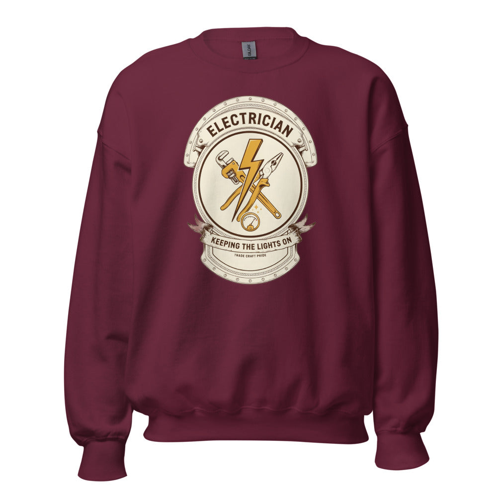 Electrician Journeyman trade crest crewneck — Maroon, front