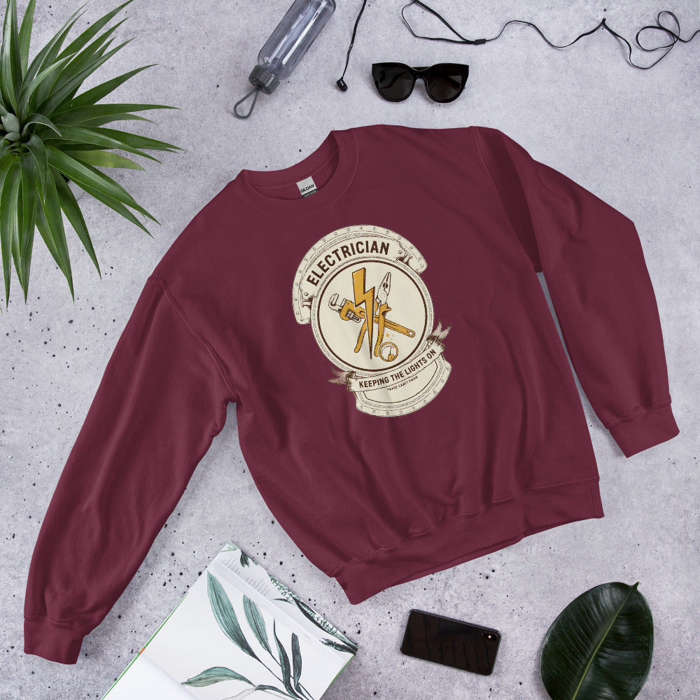 Electrician Journeyman trade crest crewneck — Maroon, flat lay