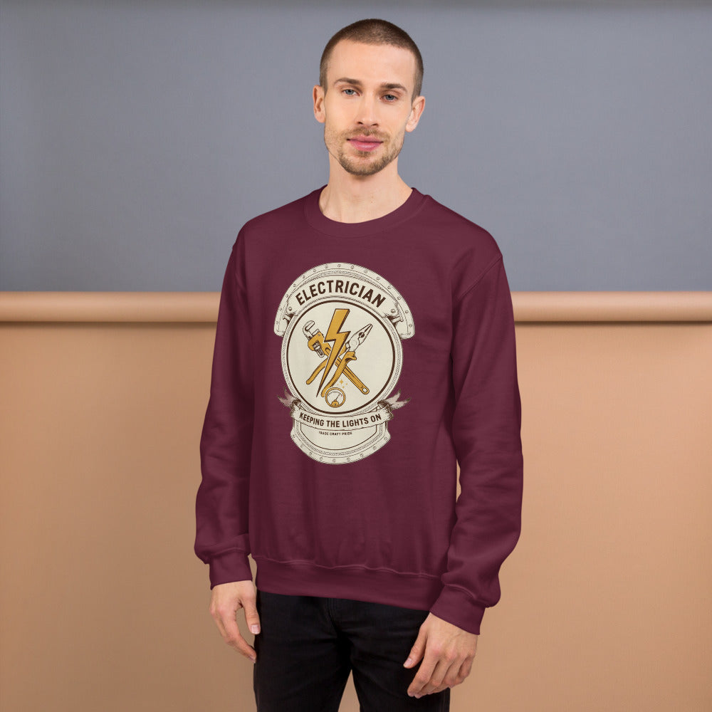 Electrician Journeyman trade crest crewneck — Maroon, on model