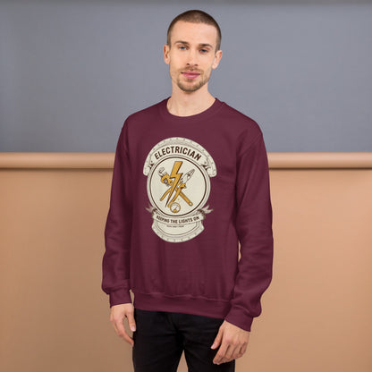 Electrician Journeyman trade crest crewneck — Maroon, on model