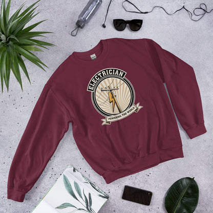 Powering The World electrician emblem crewneck — Maroon, flat lay