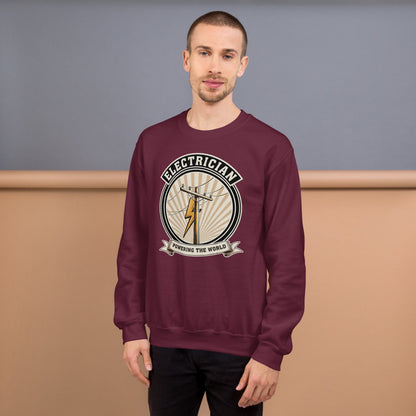 Powering The World electrician emblem crewneck — Maroon, on model
