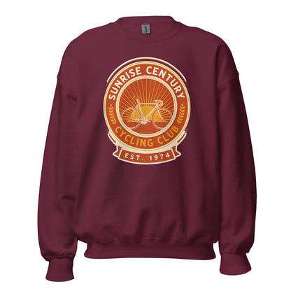 Sunrise Century C.C. retro cycling club badge crewneck — Maroon, front