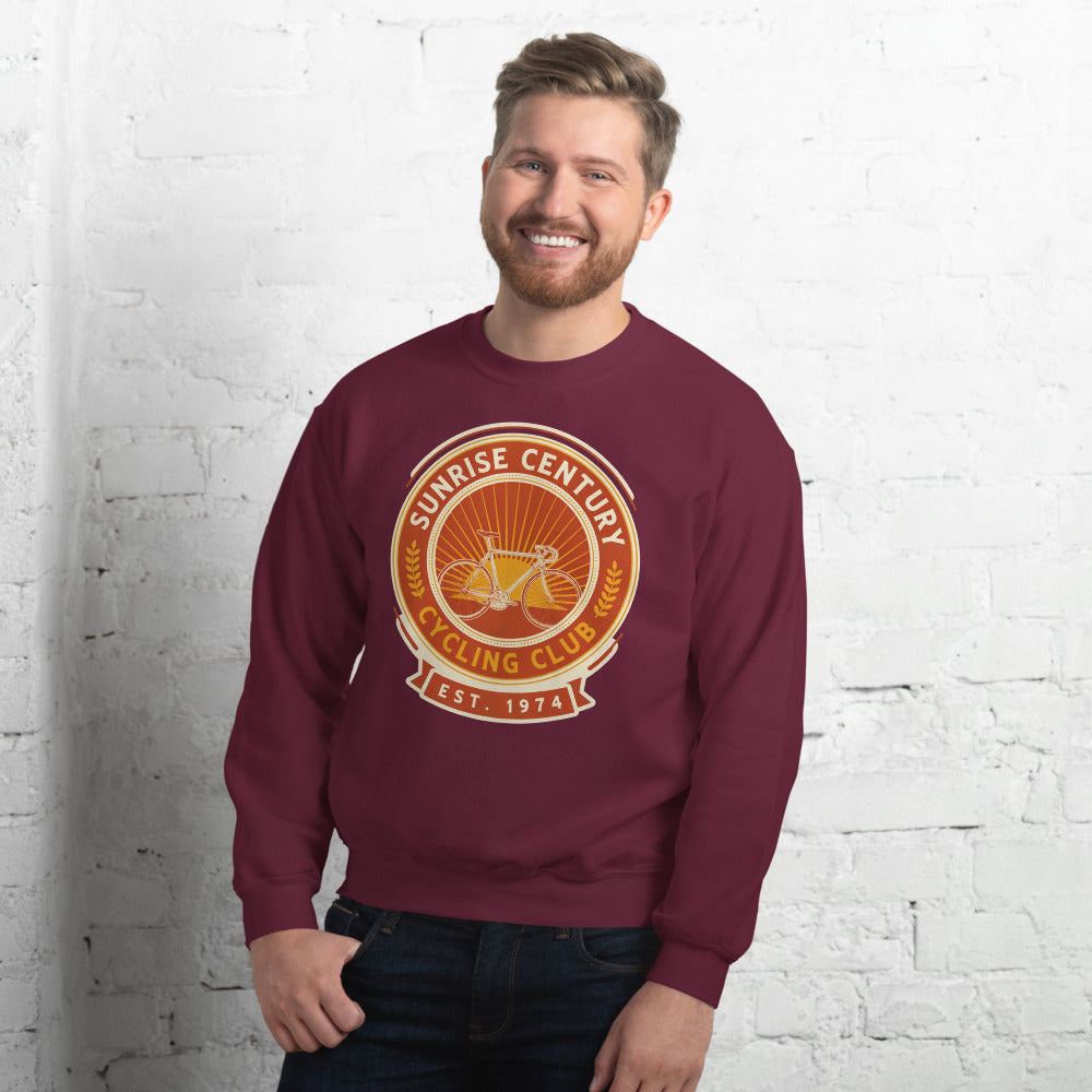 Sunrise Century C.C. retro cycling club badge crewneck — Maroon, on model