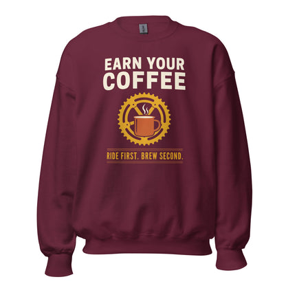 Earn Your Coffee retro cycling coffee crewneck — Maroon, front