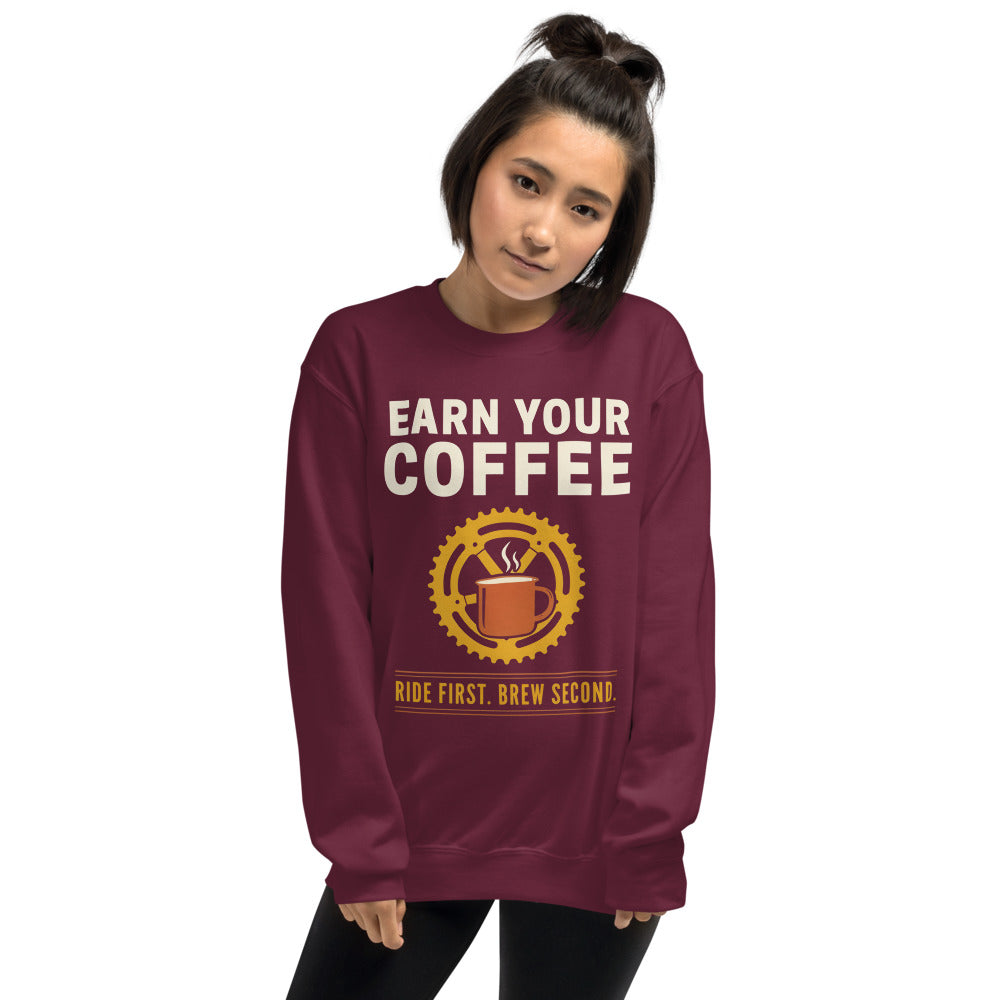 Earn Your Coffee retro cycling coffee crewneck — Maroon, on model