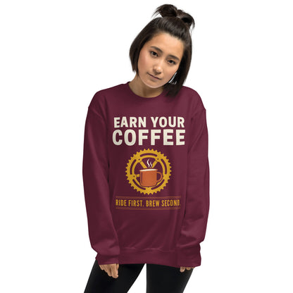 Earn Your Coffee retro cycling coffee crewneck — Maroon, on model