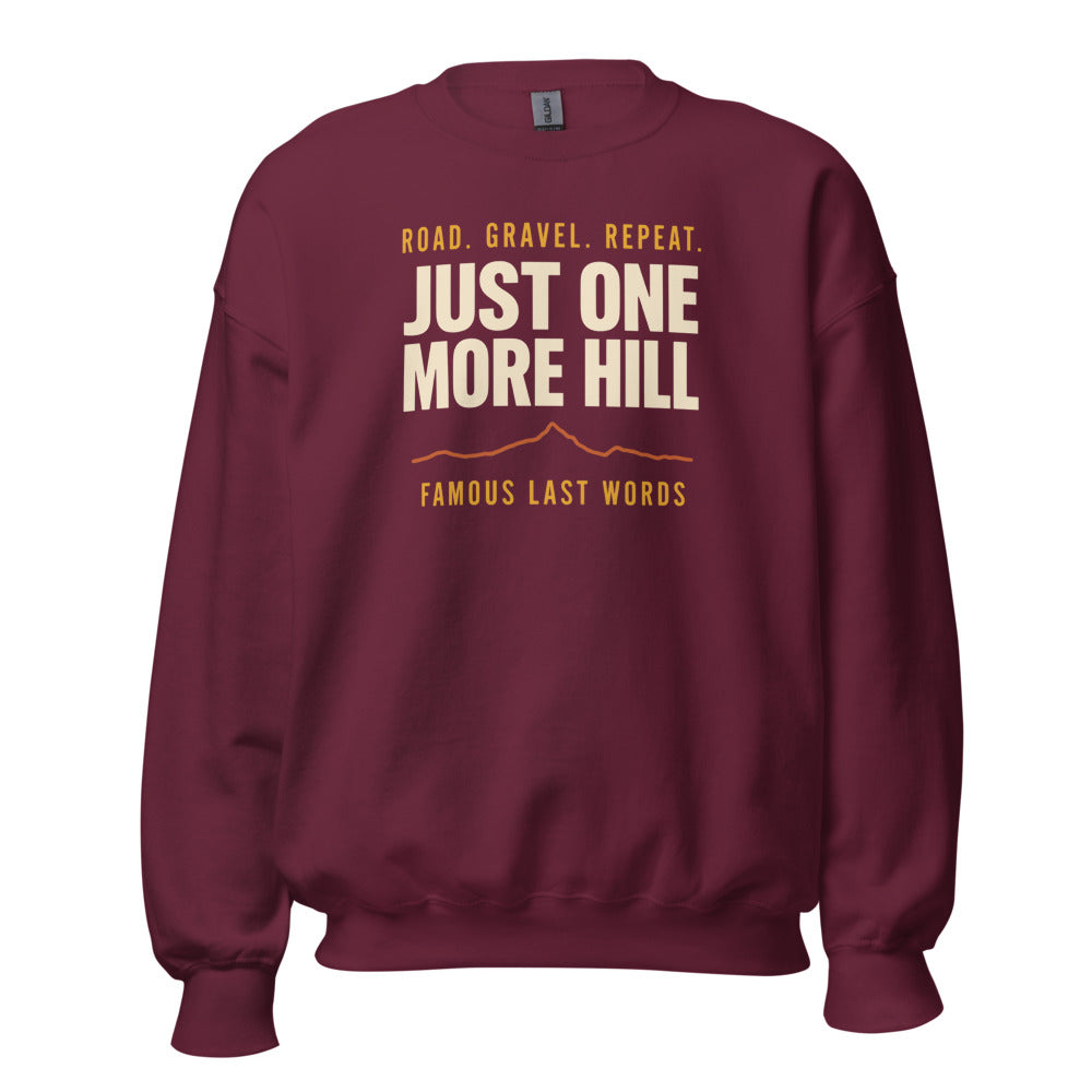 Just One More Hill retro cycling climb crewneck — Maroon, front
