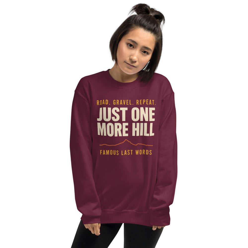 Just One More Hill retro cycling climb crewneck — Maroon, on model
