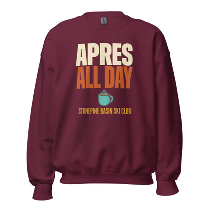 Après All Day Stonepine Basin Ski Club retro apres-ski crewneck sweatshirt — Maroon, front
