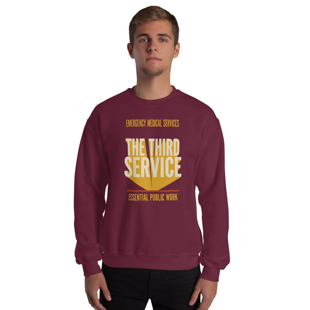 The Third Service EMS crewneck sweatshirt — Maroon, on model