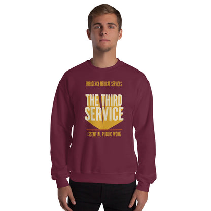The Third Service EMS crewneck sweatshirt — Maroon, on model