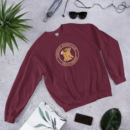 Firehouse Athletic Club retro firefighter emblem crewneck sweatshirt — Maroon, flat lay