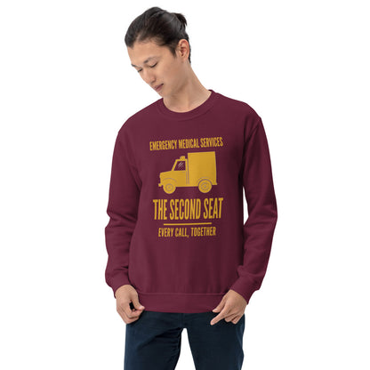 The Second Seat EMS paramedic crewneck — Maroon, on model
