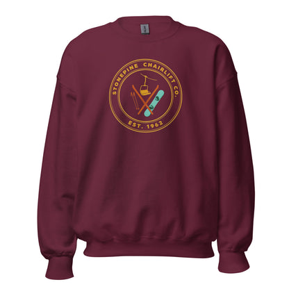 Stonepine Chairlift Co. retro vintage ski club badge crewneck sweatshirt — Maroon, front