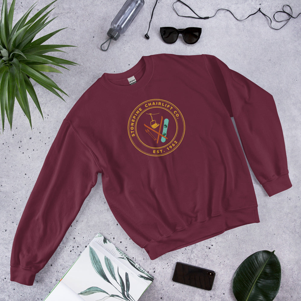 Stonepine Chairlift Co. retro vintage ski club badge crewneck sweatshirt — Maroon, flat lay