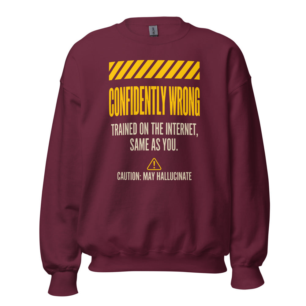 Confidently Wrong AI hazard-label crewneck sweatshirt — Maroon, front