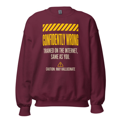 Confidently Wrong AI hazard-label crewneck sweatshirt — Maroon, front