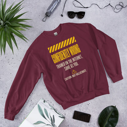 Confidently Wrong AI hazard-label crewneck sweatshirt — Maroon, flat lay