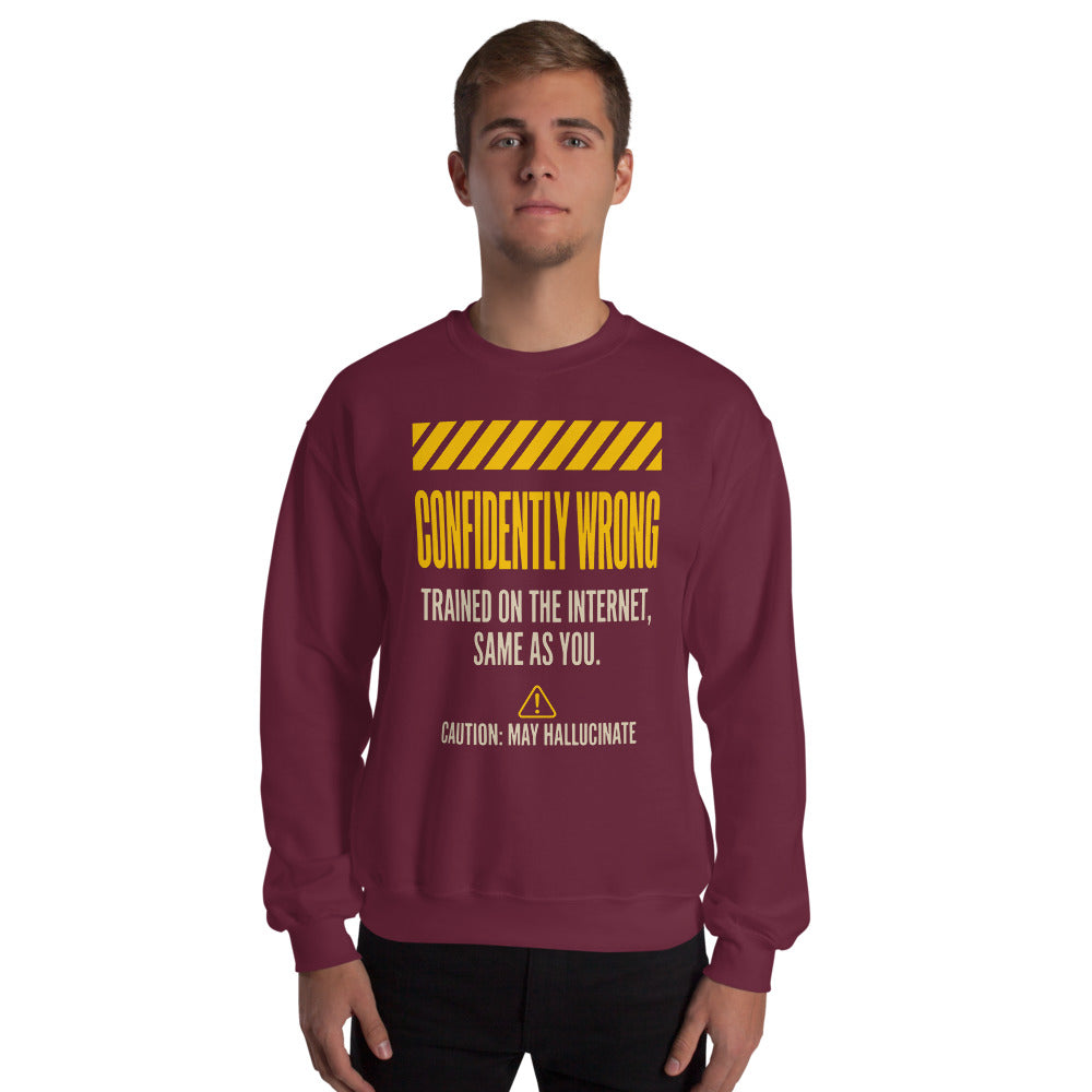 Confidently Wrong AI hazard-label crewneck sweatshirt — Maroon, on model