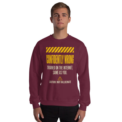 Confidently Wrong AI hazard-label crewneck sweatshirt — Maroon, on model