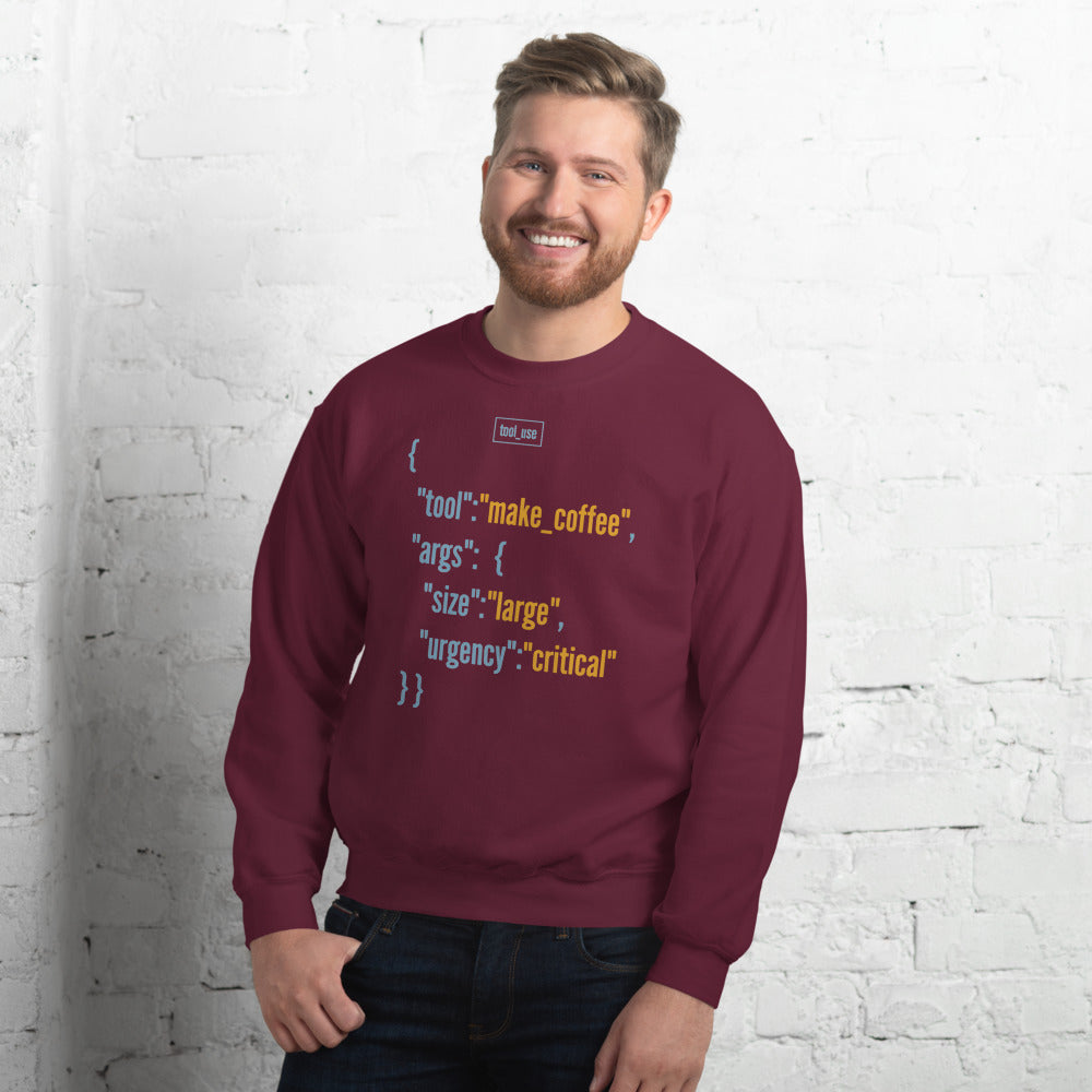 Tool Call Make Coffee AI engineer crewneck sweatshirt — Maroon, on model