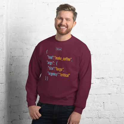 Tool Call Make Coffee AI engineer crewneck sweatshirt — Maroon, on model