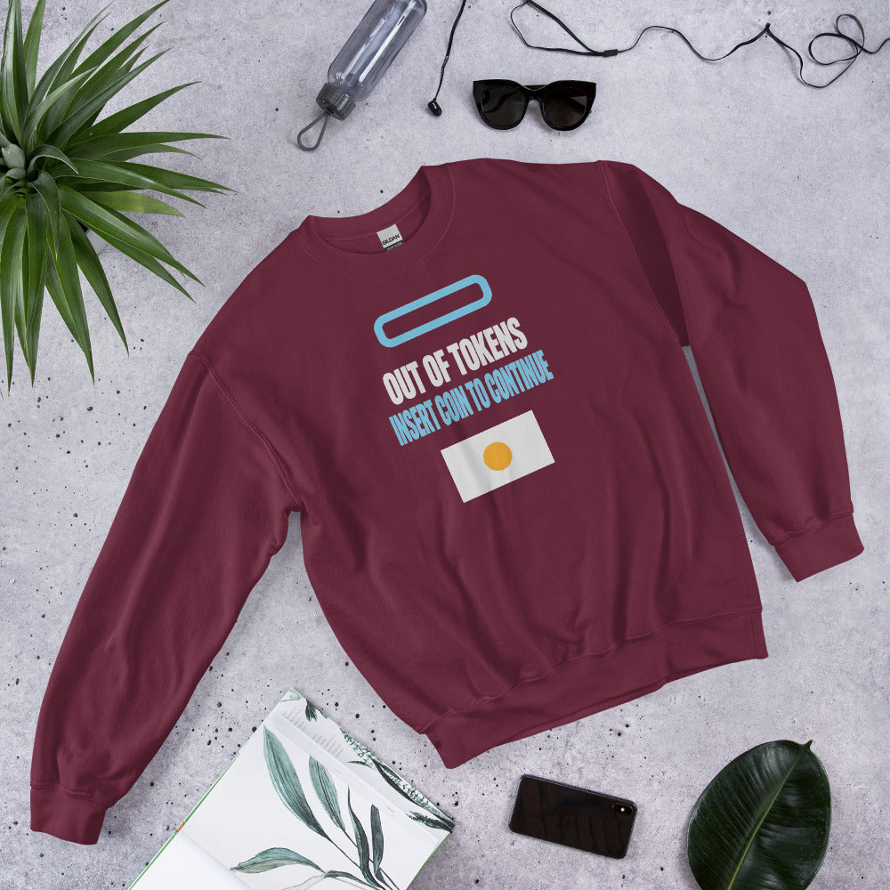 Insert Coin To Continue out of tokens crewneck sweatshirt — Maroon, flat lay