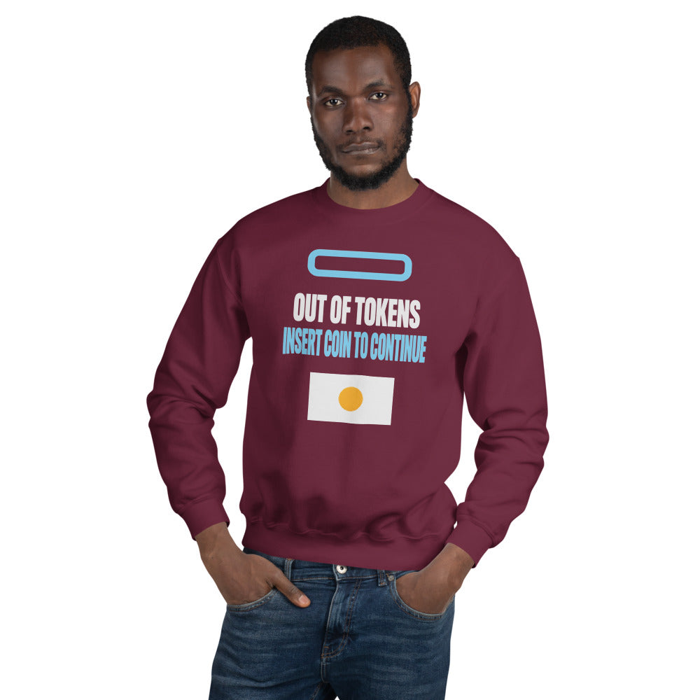 Insert Coin To Continue out of tokens crewneck sweatshirt — Maroon, on model