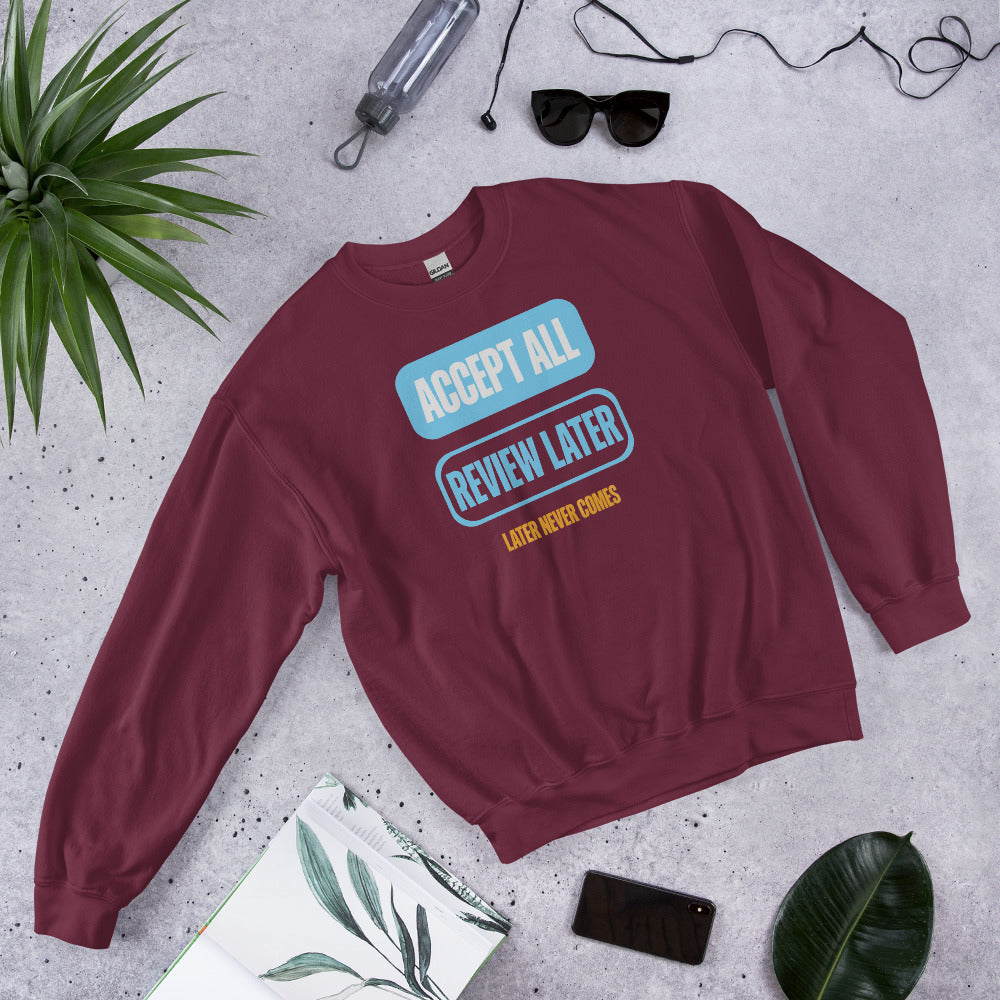 Accept All Review Later crewneck sweatshirt — Maroon, flat lay