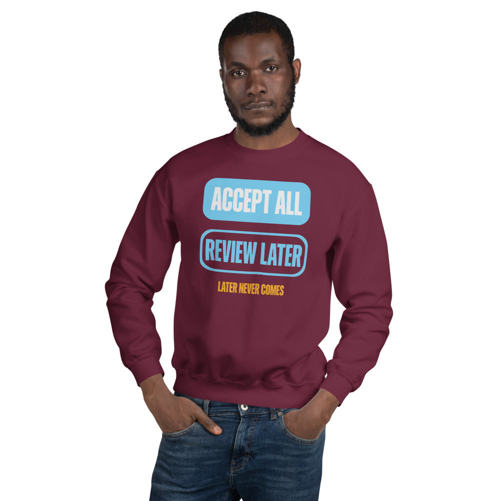 Accept All Review Later crewneck sweatshirt — Maroon, on model