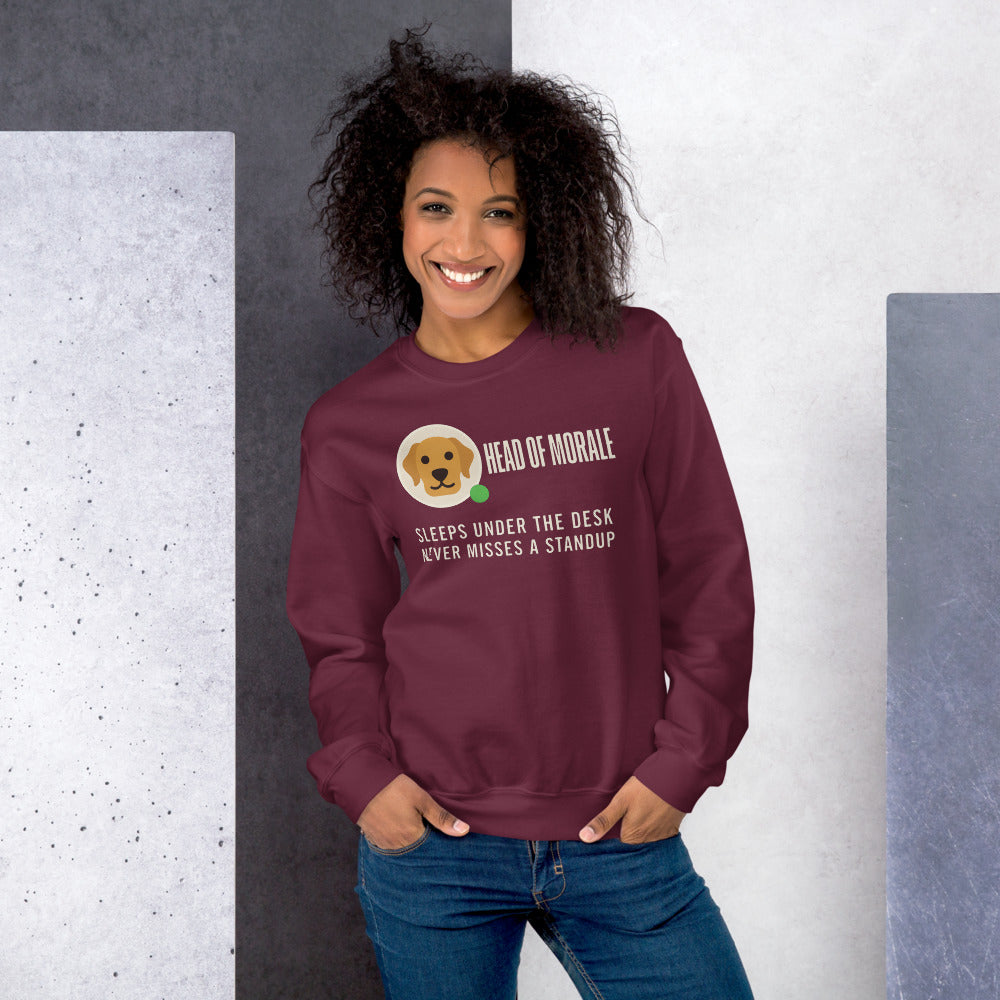 Head of Morale dog profile card crewneck sweatshirt — Maroon, on model