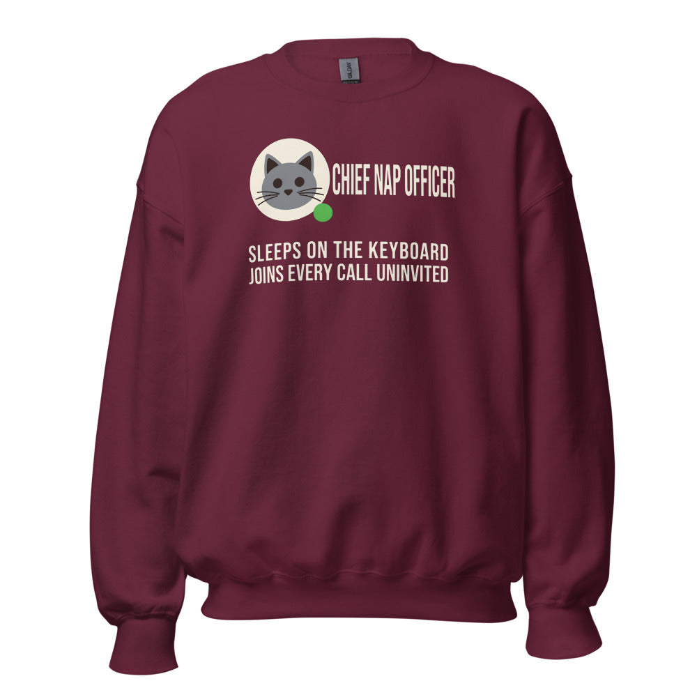 Chief Nap Officer cat profile card crewneck sweatshirt — Maroon, front
