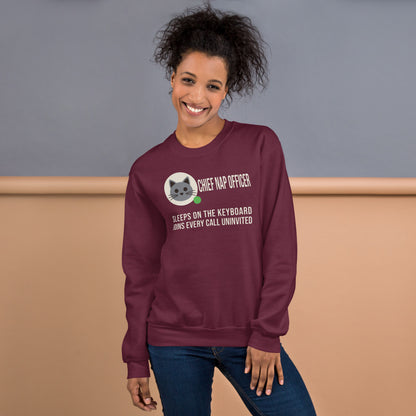 Chief Nap Officer cat profile card crewneck sweatshirt — Maroon, on model