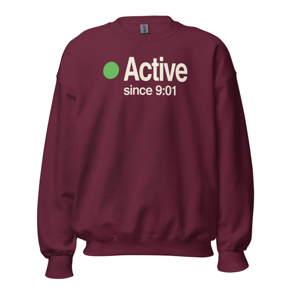 Active Since 9:01 presence status crewneck sweatshirt — Maroon, front