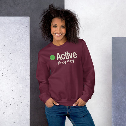 Active Since 9:01 presence status crewneck sweatshirt — Maroon, on model