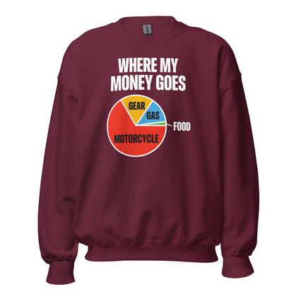 Where My Money Goes funny motorcycle crewneck sweatshirt — Maroon, front