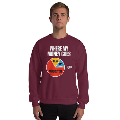 Where My Money Goes funny motorcycle crewneck sweatshirt — Maroon, on model