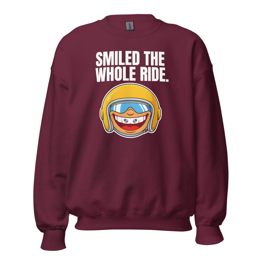 Smiled The Whole Ride funny motorcycle crewneck sweatshirt — Maroon, front
