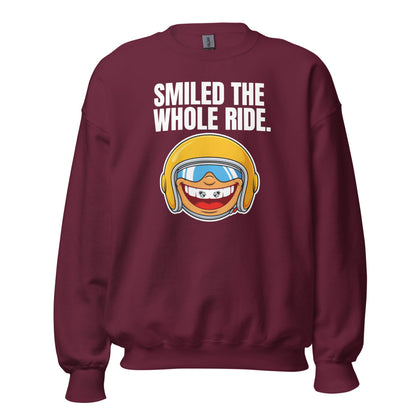 Smiled The Whole Ride funny motorcycle crewneck sweatshirt — Maroon, front