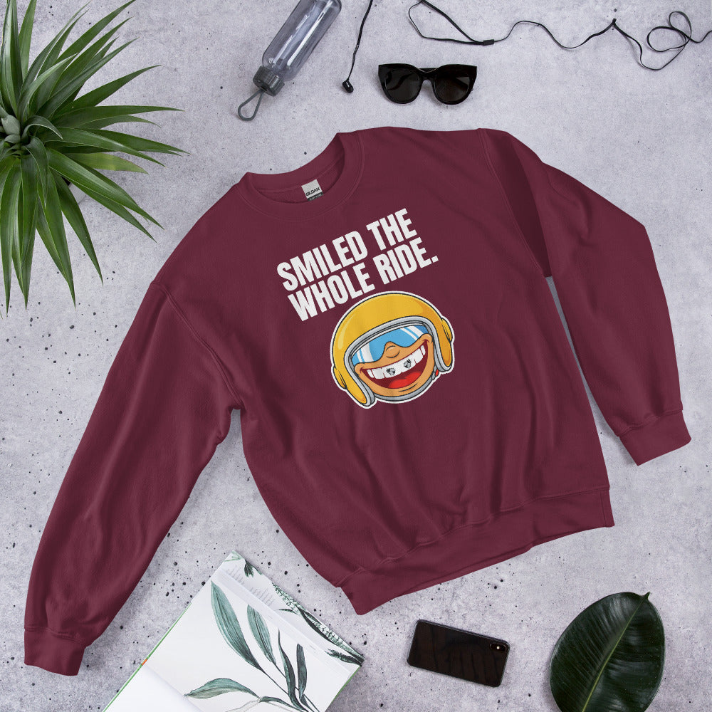 Smiled The Whole Ride funny motorcycle crewneck sweatshirt — Maroon, flat lay
