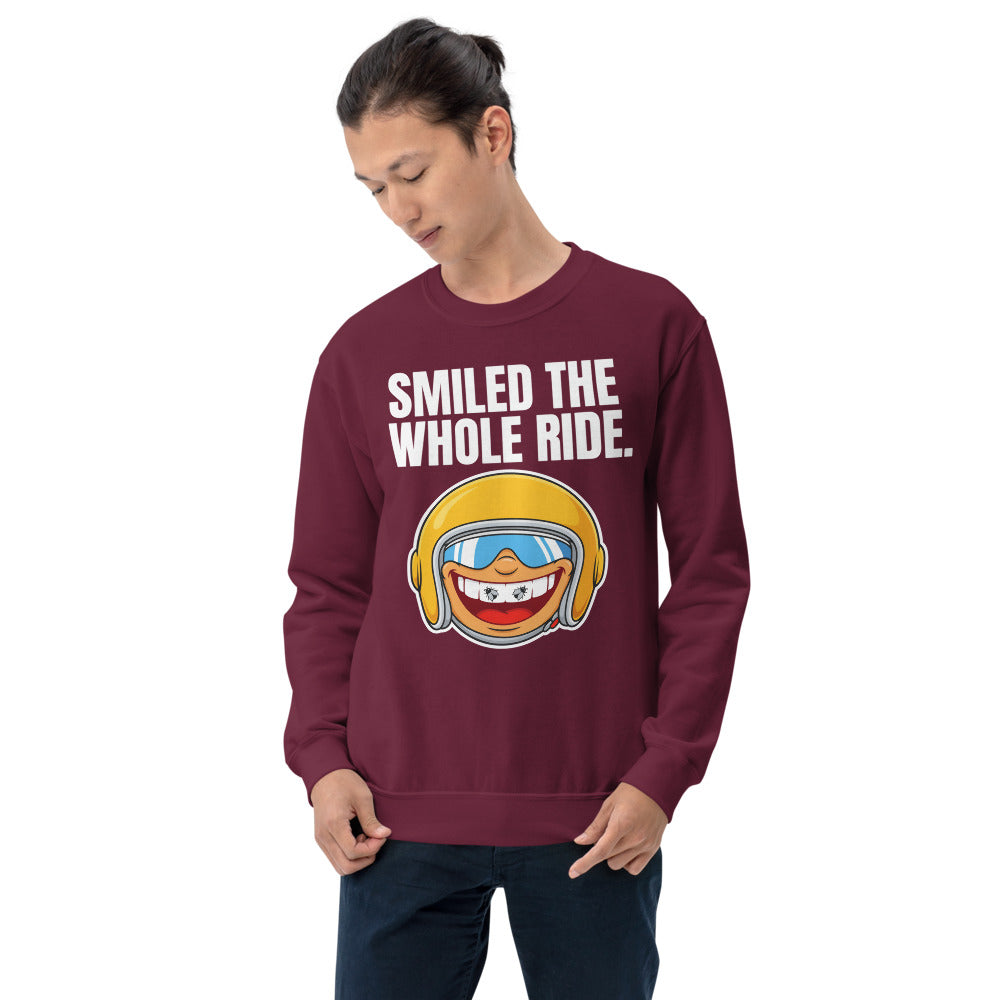 Smiled The Whole Ride funny motorcycle crewneck sweatshirt — Maroon, on model