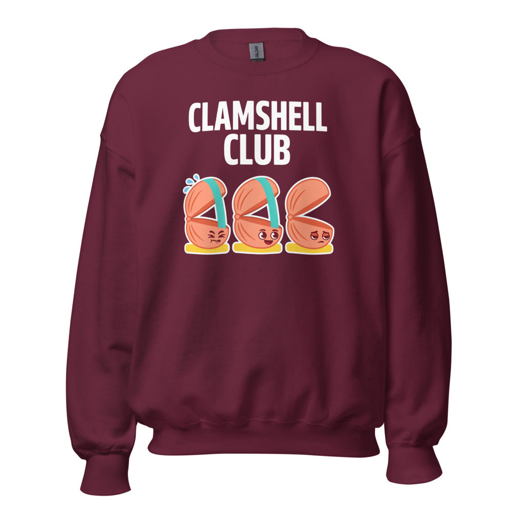 Clamshell Club funny physical therapy crewneck sweatshirt — Maroon, front